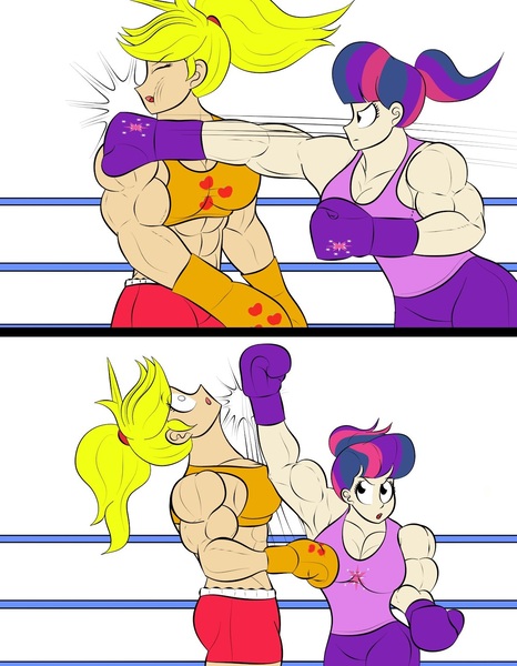 Size: 1206x1552 | Tagged: applejack, applejacked, armpits, artist:matchstickman, boxing, boxing gloves, clothes, derpibooru import, human, humanized, midriff, muscles, punch, safe, sports, sports bra, tanktop, twilight muscle, twilight sparkle, uppercut