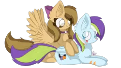 Size: 3840x2160 | Tagged: artist needed, safe, artist:glaisia, derpibooru import, oc, oc:cloudy dee sky, oc:joycie, unofficial characters only, pegasus, pony, adorable face, birb, bow, cloud, cuddle puddle, cuddling, cute, female, fluffy, food, jewelry, male, mare, necklace, pony pile, shipping, simple background, snuggles?, stallion, transparent background, waffle, wings
