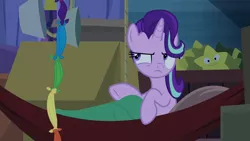 Size: 1280x720 | Tagged: safe, derpibooru import, screencap, starlight glimmer, pony, unicorn, road to friendship, female, hammock, handkerchief, mare, solo