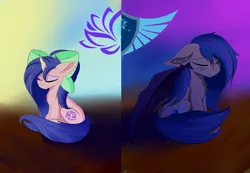 Size: 1920x1329 | Tagged: safe, artist:lunar froxy, derpibooru import, oc, oc:avici flower, oc:lunar frost, bat pony, pony, unicorn, avifrost, bandage, bow, cutie mark, eyes closed, female, frostinglyladale, happy, mare, married couple, sad