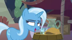 Size: 1280x720 | Tagged: safe, derpibooru import, screencap, trixie, pony, unicorn, road to friendship, drinking glass, female, mare, pitcher, solo