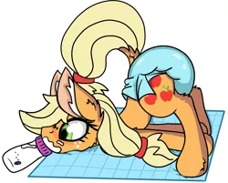 Size: 3025x2438 | Tagged: suggestive, artist:cuddlelamb, derpibooru import, applejack, earth pony, pony, adult foal, baby bottle, blushing, diaper, diaper fetish, face down ass up, fetish, mat, playmat, poofy diaper, solo