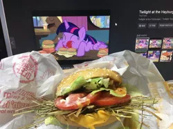 Size: 850x637 | Tagged: alicorn, burger, coco crusoe, defictionalization, derpibooru import, food, google, hamburger, hangul, hay, hay burger, irl, korean, mcdonald's, monitor, photo, safe, twilight burgkle, twilight sparkle, twilight sparkle (alicorn), twilight time, waifu dinner