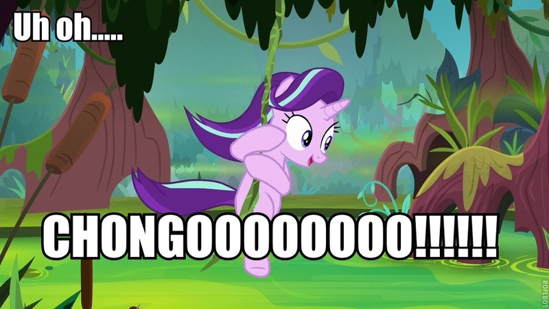 Size: 960x540 | Tagged: safe, derpibooru import, screencap, starlight glimmer, pony, unicorn, road to friendship, banana splits, chongo, danger island, female, image macro, mare, meme, silly, swinging, very silly, very very silly, vine