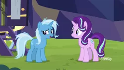 Size: 1920x1080 | Tagged: safe, derpibooru import, screencap, starlight glimmer, trixie, pony, unicorn, road to friendship, discovery family logo, duo, female, mare, messy mane, smiling
