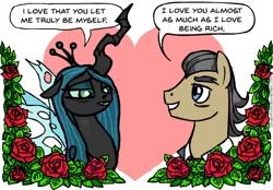 Size: 596x414 | Tagged: safe, artist:gingerfoxy, derpibooru import, filthy rich, queen chrysalis, changeling, earth pony, pony, pony couple generator, chrysarich, crack shipping, crown, eyebrows, female, flower, heart, jewelry, male, regalia, rose, shipping