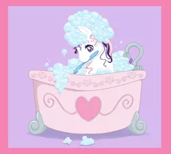 Size: 1600x1444 | Tagged: safe, artist:reachfarhigh, derpibooru import, crowning glory, pony, bath, bathing, bathtub, brush, bubble, claw foot bathtub, crystal rainbow spa, female, g3, mouth hold, suds