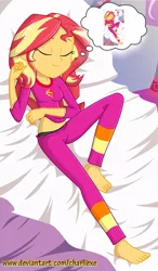 Size: 436x748 | Tagged: safe, artist:charliexe, derpibooru import, edit, sunset shimmer, equestria girls, barefoot, belly button, black panties, black underwear, clothes, droste effect, eyes closed, feet, happy, pajamas, panties, pants, pillow, recursion, sleeping, smiling, solo, thought bubble, underwear