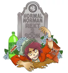 Size: 5600x6000 | Tagged: safe, artist:acerotiburon, derpibooru import, normal norman, zombie, equestria girls, absurd resolution, background human, beanie, bone, chips, commission, dirt, doritos, food, grave, gravestone, hat, high res, male, mlg, mountain dew, normal norman general, rekt, solo