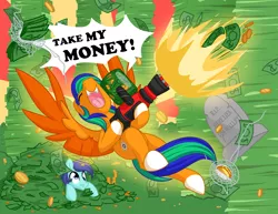 Size: 3300x2550 | Tagged: artist:mulberrytarthorse, breaking the fourth wall, cash, derpibooru import, money gun, oc, oc:naarkerotics, safe, shut up and take my money, unofficial characters only