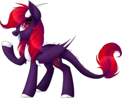 Size: 900x728 | Tagged: safe, artist:scarlet-spectrum, derpibooru import, oc, oc:scarlet spectrum, unofficial characters only, dracony, hybrid, pony, blue tongue, cute, cute little fangs, digital art, fangs, female, happy, horn, leonine tail, looking sideways, mare, one hoof raised, open mouth, red hair, red mane, red tail, simple background, smiling, solo, transparent background