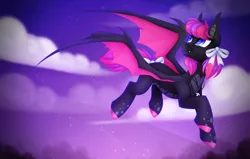 Size: 1024x650 | Tagged: safe, artist:scarlet-spectrum, derpibooru import, oc, unofficial characters only, bat pony, pony, bat pony oc, bat wings, bow, cloud, commission, cute, cute little fangs, digital art, ear fluff, fangs, female, flying, hair bow, mare, night, sky, tail bow