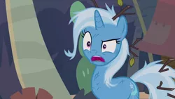 Size: 1280x720 | Tagged: safe, derpibooru import, screencap, trixie, pony, unicorn, road to friendship, female, mare, messy mane, open mouth, solo, twig
