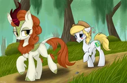 Size: 3800x2500 | Tagged: safe, artist:hydrargyrum, derpibooru import, edit, autumn blaze, oc, oc:hickory switch, earth pony, kirin, pony, sounds of silence, spoiler:s08, bedroom eyes, blue eyes, blushing, canon x oc, cloven hooves, commission, cowboy hat, curved horn, cutie mark, female, hat, heart, leonine tail, looking back, male, scenery, shipping, stetson, straight, walking, ych result