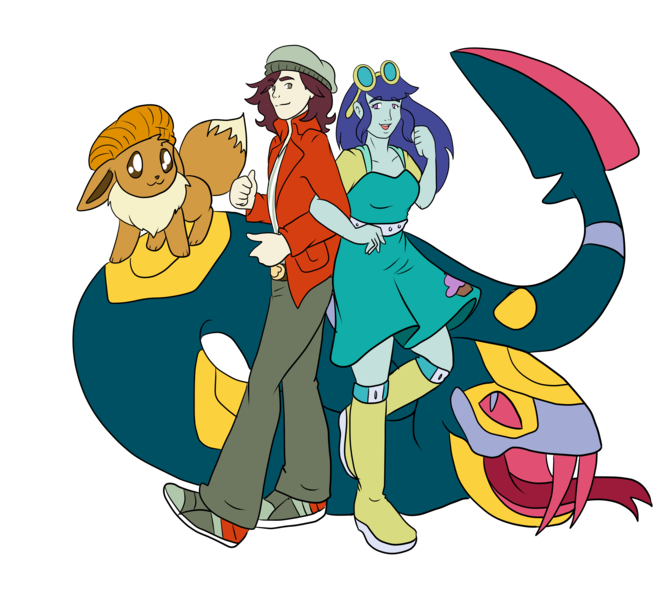 Size: 5700x5100 | Tagged: safe, artist:acerotiburon, derpibooru import, blueberry cake, normal norman, eevee, seviper, snake, equestria girls, absurd resolution, beanie, commission, couple, crossover, digital art, hat, high res, naomi nobody, normalcake, pokémon, pokémon red and blue, pokémon ruby and sapphire, simple background, transparent background