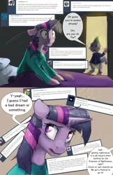 Size: 1280x1978 | Tagged: safe, artist:silfoe, derpibooru import, spike, twilight sparkle, dragon, pony, unicorn, moonsetmlp, alternate universe, ask, bed, bed mane, bedroom, catapult nightmare, clothes, comic, dialogue, female, male, mare, onomatopoeia, pajamas, slit eyes, speech bubble, tumblr, unicorn twilight, uniform