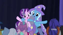 Size: 1600x900 | Tagged: safe, derpibooru import, screencap, princess flurry heart, starlight glimmer, trixie, pony, unicorn, road to friendship, cape, clothes, diaper, duo focus, female, hat, mare, rearing, smiling, trixie's cape, trixie's hat, wizard hat