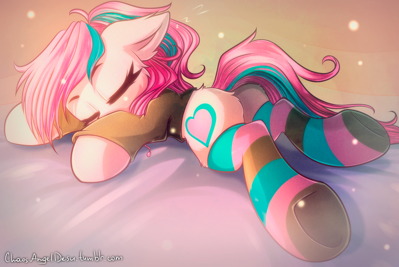 Size: 2158x1442 | Tagged: artist:chaosangeldesu, blushing, clothes, derpibooru import, female, hoodie, mare, oc, oc:panda shade, safe, sleeping, socks, solo, striped socks, unofficial characters only, ych result