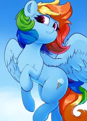 Size: 2300x3200 | Tagged: safe, artist:madacon, derpibooru import, rainbow dash, pegasus, pony, cheek fluff, chest fluff, cute, dashabetes, ear fluff, female, flying, looking at you, mare, raised hoof, smiling, solo, spread wings, wing fluff, wings