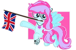 Size: 1024x684 | Tagged: safe, artist:bezziie, derpibooru import, oc, oc:strawberry pie, unofficial characters only, pegasus, pony, female, flag, glasses, mare, mouth hold, simple background, solo, transparent background, union jack