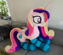 Size: 1622x1422 | Tagged: safe, artist:epicrainbowcrafts, derpibooru import, princess cadance, alicorn, pony, clothes, couch, folded wings, irl, life size, photo, plushie, sitting, socks, solo, striped socks