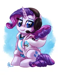Size: 1583x2048 | Tagged: safe, artist:whitediamonds, derpibooru import, rarity, pony, unicorn, clothes, cloud9, commission, esports, eyeshadow, female, headset, hoodie, league of legends, lidded eyes, looking at you, makeup, mare, shirt, sitting, smiling, solo