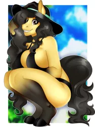 Size: 975x1300 | Tagged: suggestive, artist:kammymau, derpibooru import, oc, oc:terra, unofficial characters only, anthro, earth pony, unguligrade anthro, anthro oc, big breasts, bikini, breasts, clothes, female, hat, huge breasts, mare, smiling, solo, solo female, swimsuit