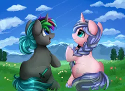 Size: 4094x2975 | Tagged: safe, artist:pridark, derpibooru import, oc, oc:diamond sharp, oc:silver thread, unofficial characters only, pony, unicorn, commission, ear piercing, female, mare, open mouth, piercing, sitting, sky, smiling