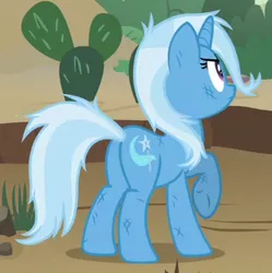 Size: 313x314 | Tagged: safe, derpibooru import, screencap, trixie, pony, unicorn, road to friendship, butt, cactus, cropped, female, mare, messy mane, plot, prickly pear, raised hoof, solo, underhoof