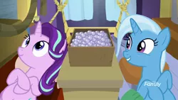 Size: 1920x1080 | Tagged: safe, derpibooru import, screencap, starlight glimmer, trixie, pony, unicorn, road to friendship, discovery family logo, duo, female, hammock, mare, on back, smiling