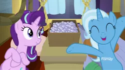 Size: 1920x1080 | Tagged: safe, derpibooru import, screencap, starlight glimmer, trixie, pony, unicorn, road to friendship, discovery family logo, duo, female, hammock, mare, smiling