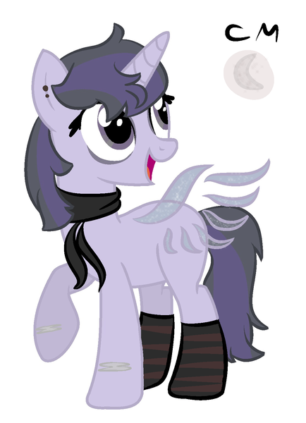 Size: 1113x1537 | Tagged: safe, artist:macadoptables, artist:meimisuki, derpibooru import, oc, oc:nightfall blitz, unofficial characters only, alicorn, pony, icey-verse, alicorn oc, artificial wings, augmented, base used, clothes, ear piercing, earring, eyeshadow, female, jewelry, magic, magic wings, magical lesbian spawn, makeup, mare, mascara, next generation, offspring, parent:mean twilight sparkle, parent:oc:moonshine twinkle, parents:canon x oc, parents:meanshine, piercing, scarf, simple background, socks, solo, striped socks, tape, white background, wings