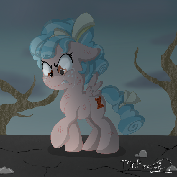 Size: 1000x1000 | Tagged: semi-grimdark, artist:mr.rexy, derpibooru import, cozy glow, pegasus, pony, season 8, alternate timeline, angry, barren, bruised, cozy glow is not amused, cozybuse, crying, dark, female, filly, foal, forest, freckles, solo, walking, wasteland