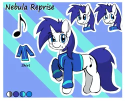 Size: 1217x984 | Tagged: safe, artist:darkwolfhybrid, derpibooru import, oc, oc:nebula reprise, unofficial characters only, pony, unicorn, abstract background, clothes, commission, freckles, looking at you, male, raised hoof, reference sheet, shirt, solo, stallion