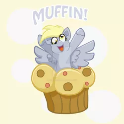 Size: 1024x1024 | Tagged: safe, artist:yoshimarsart, derpibooru import, derpy hooves, pegasus, pony, deviantart watermark, food, muffin, obtrusive watermark, open mouth, solo, text, that pony sure does love muffins, watermark