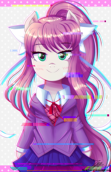 Size: 880x1360 | Tagged: safe, artist:the-butch-x, derpibooru import, ponified, pony, bow, crossover, doki doki literature club, error, female, glitch, hair bow, just monika, mare, monika, smiling, solo, spoilers for another series