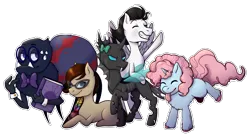 Size: 4026x2170 | Tagged: safe, artist:yaboidante, derpibooru import, oc, oc:cotton candy, oc:pipe dream, oc:shadowscar blackmane, oc:spider-spider, oc:yoyo mare, unofficial characters only, changeling, pegasus, pony, spider, unicorn, tails of equestria, book, bow, bowtie, braid, changeling oc, colt, cufflinks, female, filly, fluffy, friendship, glasses, group, male, non pony, party, pen and paper rpg, rpg, simple background, tabletop, transparent background, wings