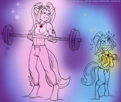 Size: 1100x925 | Tagged: anthro, anthro oc, aria blaze, aria brute, aria buff, artist:kaemantis, child, clothes, derpibooru import, dumbbell (object), dumbbells, duo, female, four fingers, gem, gradient background, gritted teeth, half-siren, hybrid, interspecies offspring, magical lesbian spawn, midriff, mother and daughter, muscles, oc, oc:harmony blitz, offspring, parent:aria blaze, parents:arixie, parent:trixie, safe, siren, siren gem, smiling, sports bra, straining, unguligrade anthro, weight lifting, workout