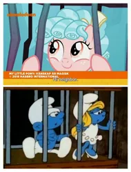 Size: 3106x4096 | Tagged: safe, derpibooru import, edit, edited screencap, screencap, cozy glow, pony, school raze, bars, cage, clothes, cozybetes, cute, dress, female, filly, foal, hat, logic, male, nickelodeon, smurfette, smurfs, subtitles