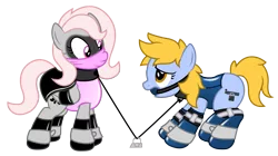 Size: 1755x984 | Tagged: suggestive, artist:darkstorm619, derpibooru import, oc, oc:essa bolt, oc:violet, unofficial characters only, pegasus, pony, ballgag, bondage, bound wings, cape, cloth gag, clothes, collar, corset, duo, female, gag, latex, leash, leotard, linked collars, mask, simple background, socks, spreader bar, story included, transparent background, wide eyes