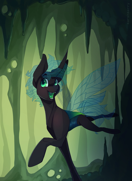 Size: 1600x2200 | Tagged: safe, artist:skylacuna, derpibooru import, oc, oc:noxus, unofficial characters only, changeling, cavern, changeling oc, fangs, male, raised hoof, smiling, solo