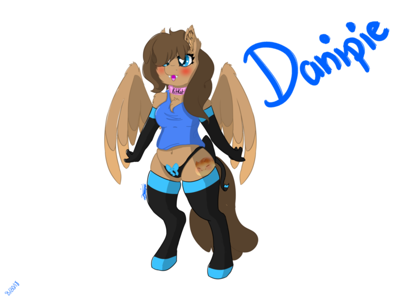 Size: 1024x766 | Tagged: anthro, anthro oc, artist:dannimation, belly button, black underwear, blue eyes, blushing, bow, breasts, chest fluff, cleavage fluff, clothes, collar, derpibooru import, fangs, female, oc, oc:danipie, panties, pegasus, ribbon, simple background, socks, solo, stockings, suggestive, thigh highs, transparent background, underwear, unguligrade anthro, unofficial characters only, watermark