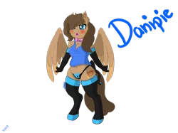 Size: 1024x766 | Tagged: anthro, anthro oc, artist:dannimation, belly button, black underwear, blue eyes, blushing, bow, breasts, chest fluff, cleavage fluff, clothes, collar, derpibooru import, fangs, female, oc, oc:danipie, panties, pegasus, ribbon, simple background, socks, solo, stockings, suggestive, thigh highs, transparent background, underwear, unguligrade anthro, unofficial characters only, watermark