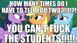 Size: 1280x720 | Tagged: alicorn, angry, applejack, derpibooru import, edit, edited screencap, editor:useraccount, excessive exclamation marks, image macro, implied bisexual, implied foalcon, implied lesbian, implied straight, meme, non-compete clause, rainbow dash, screencap, suggestive, twilight sparkle, twilight sparkle (alicorn), vulgar