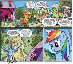 Size: 873x767 | Tagged: safe, artist:pencils, derpibooru import, idw, apple rose, applejack, auntie applesauce, goldie delicious, granny smith, rainbow dash, earth pony, pony, spoiler:comic, spoiler:comic70, apple tree, comic, cropped, female, flying, gold horseshoe gals, mare, official comic, speech bubble, tree