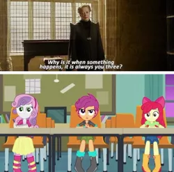 Size: 596x589 | Tagged: safe, derpibooru import, edit, screencap, apple bloom, scootaloo, sweetie belle, equestria girls, equestria girls series, happily ever after party, clothes, cutie mark crusaders, harry potter, harry potter and the half-blood prince, mame, meme, professor mcgonagall, skirt, why is it when something happens