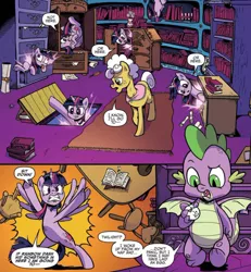 Size: 946x1025 | Tagged: safe, artist:pencils, derpibooru import, idw, goldie delicious, spike, twilight sparkle, twilight sparkle (alicorn), alicorn, dragon, earth pony, pony, spoiler:comic, spoiler:comic70, angry, ball, comic, cropped, derp, female, library, male, mare, official comic, speech bubble, table flip, teleportation, tongue out, winged spike