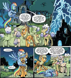 Size: 853x940 | Tagged: safe, artist:pencils, derpibooru import, idw, apple rose, applejack, auntie applesauce, goldie delicious, granny smith, rainbow dash, earth pony, pegasus, pony, spoiler:comic, spoiler:comic70, castle of the royal pony sisters, comic, cropped, female, flying, gold horseshoe gals, lightning, mare, official comic, on back, speech bubble, thunderstorm