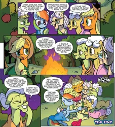 Size: 932x1025 | Tagged: safe, artist:pencils, derpibooru import, idw, apple bloom, apple rose, applejack, auntie applesauce, goldie delicious, granny smith, rainbow dash, earth pony, pegasus, pony, spoiler:comic, spoiler:comic70, blanket, campfire, comic, cropped, cute, female, gold horseshoe gals, mare, official comic, speech bubble