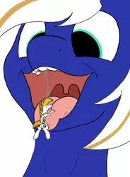 Size: 749x1018 | Tagged: suggestive, artist:penandpapernsfw, derpibooru import, oc, oc:bán pinna, oc:electric blue, unofficial characters only, pony, drool, drool string, fetish, male, maw, mawshot, micro, open mouth, oral invitation, pencil drawing, role reversal, silly, silly pony, stallion, throat, tongue play, traditional art, uvula